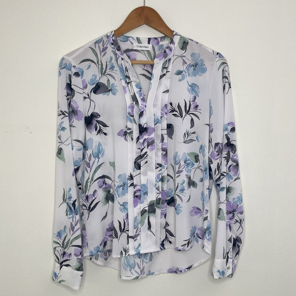 Calvin Klein White Floral Blouse with Purple & Blue Accents
